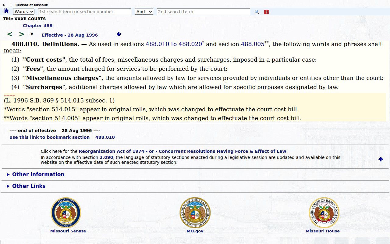 Shannon County court records copies and Missouri court-cost terminology