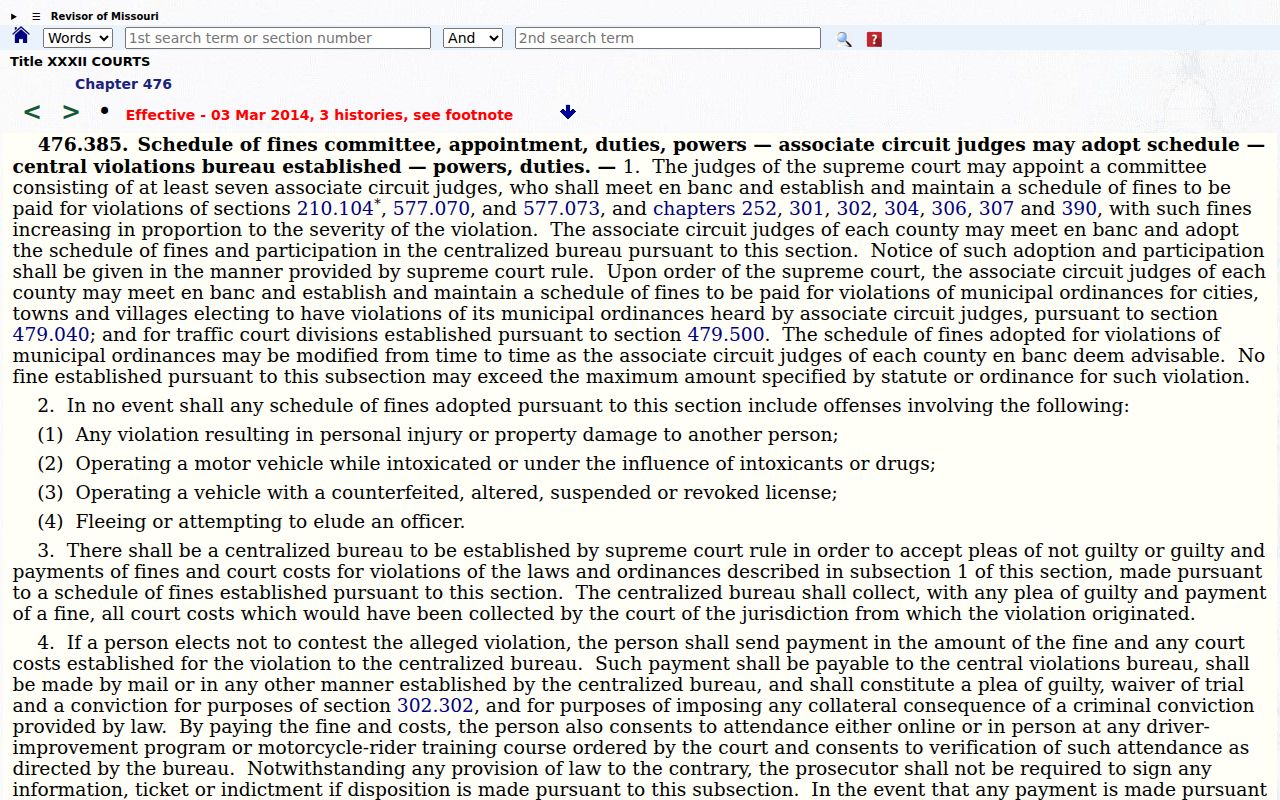 Shannon County traffic court records and Missouri fine schedule statute